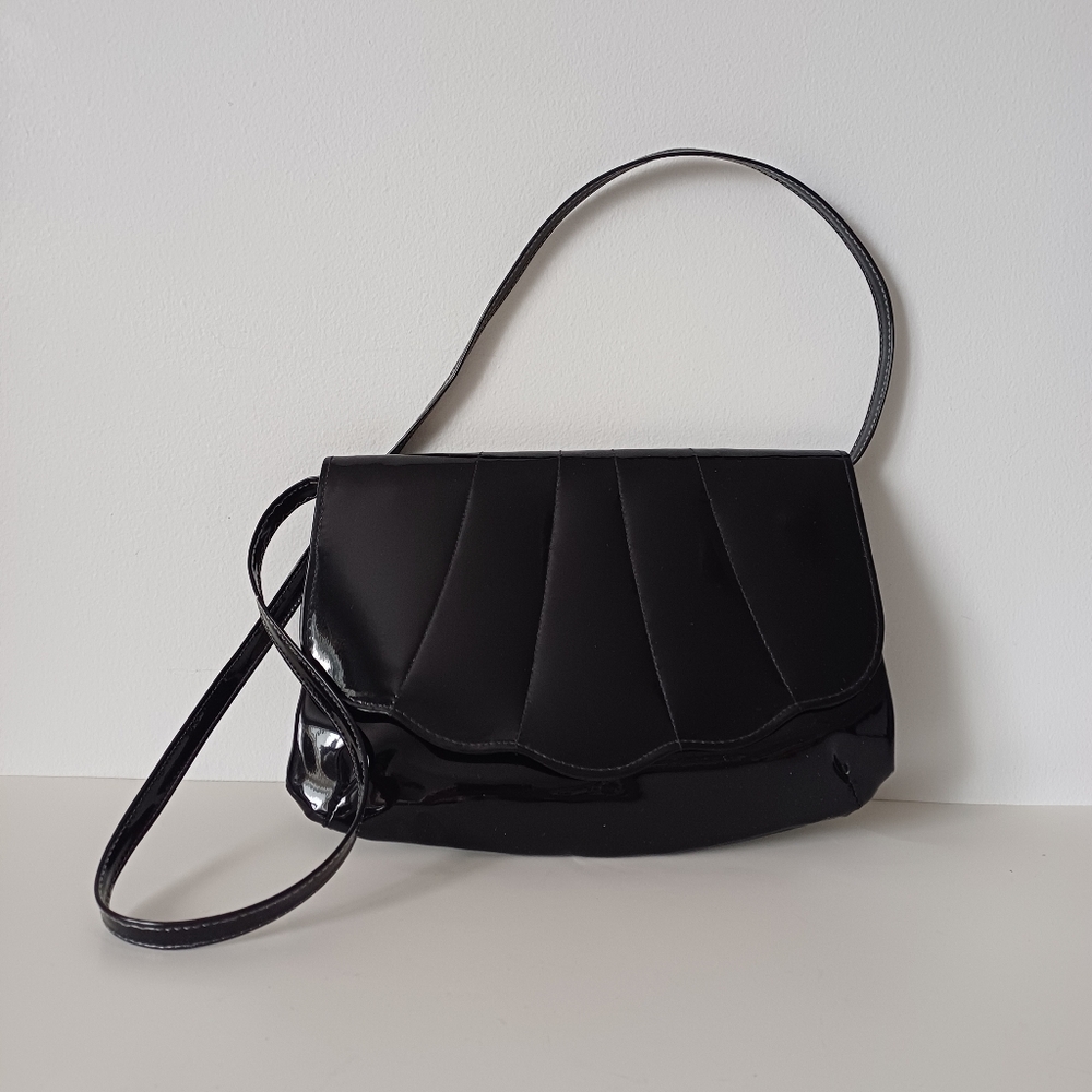 Vintage Cabrelli Canada Faux Black LeatherPatent Shell Purse Bag Removable Strap